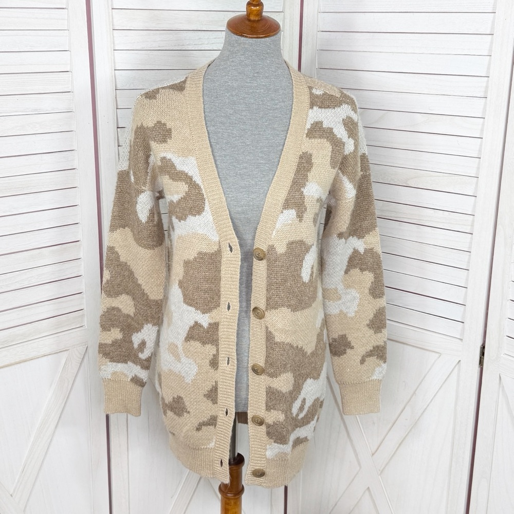 Lucky Brand Dessert Camo V Neck Long Cardigan Sweater Tan Cream‎ Small